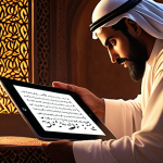 **Interactive Digital Story Scene:** A user engrossed in a digital story on a tablet, making a choice that affects the plot. Glowing options appear around the character in the story. Arabic calligraphy elements are subtly integrated into the background. Warm, inviting lighting.