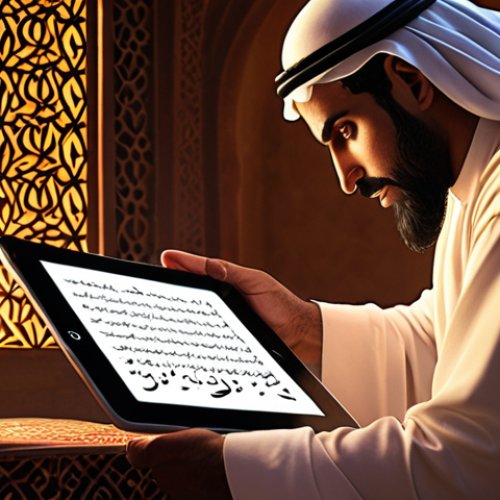 Home 11 **Interactive Digital Story Scene:** A user engrossed in a digital story on a tablet, making a choice that affects the plot. Glowing options appear around the character in the story. Arabic calligraphy elements are subtly integrated into the background. Warm, inviting lighting.