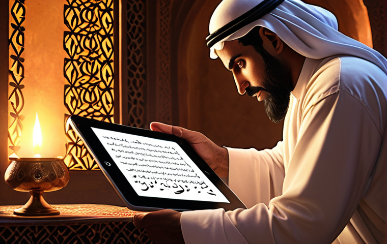 **Interactive Digital Story Scene:** A user engrossed in a digital story on a tablet, making a choice that affects the plot. Glowing options appear around the character in the story. Arabic calligraphy elements are subtly integrated into the background. Warm, inviting lighting.