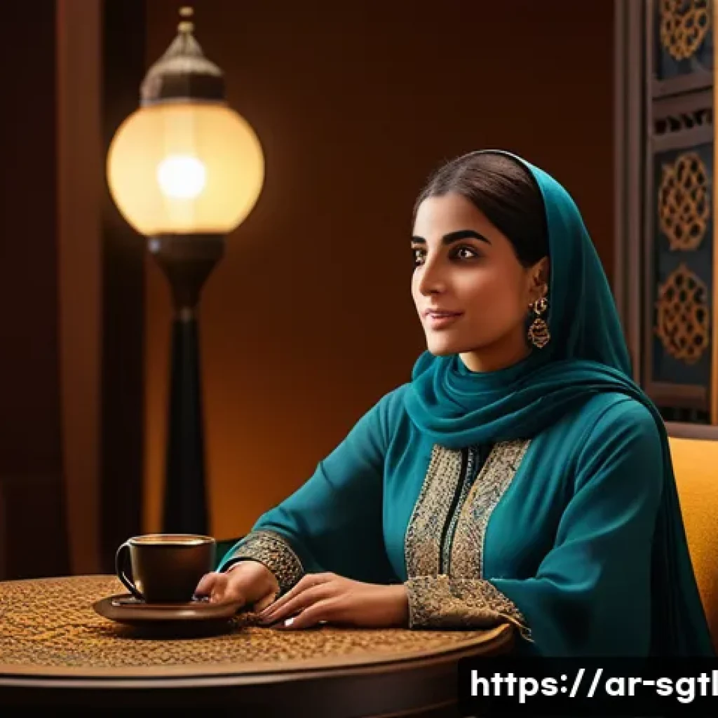 디지털 스토리의 전개 방식과 리듬 - A dynamic digital storytelling scene showcasing a Middle Eastern female narrator in traditional yet ...