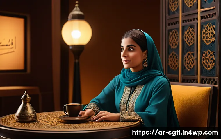 디지털 스토리의 전개 방식과 리듬 - A dynamic digital storytelling scene showcasing a Middle Eastern female narrator in traditional yet ...