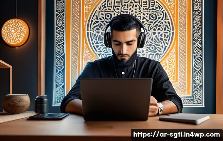 디지털 스토리의 포맷과 스타일 - A vibrant digital marketing workspace showcasing a Middle Eastern man in modern casual attire, atten...