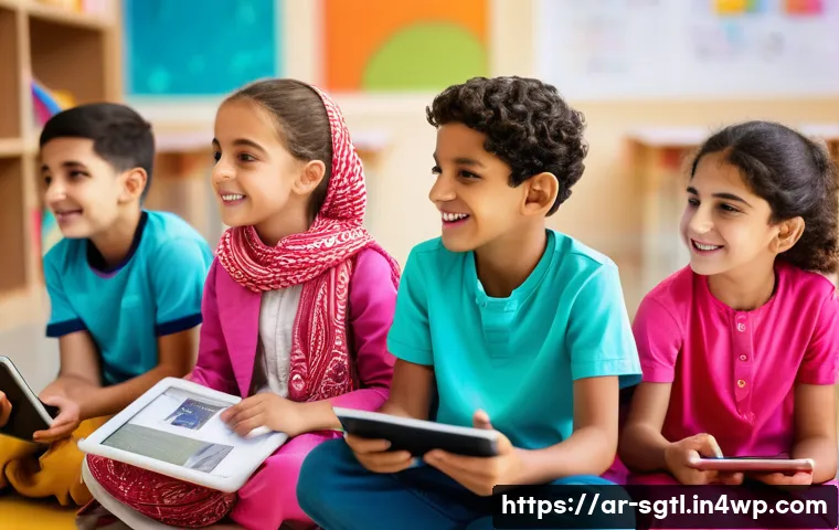 디지털 스토리의 글로벌화와 문화적 차이 - A diverse group of Arabic-speaking children from various Middle Eastern countries sitting together i...