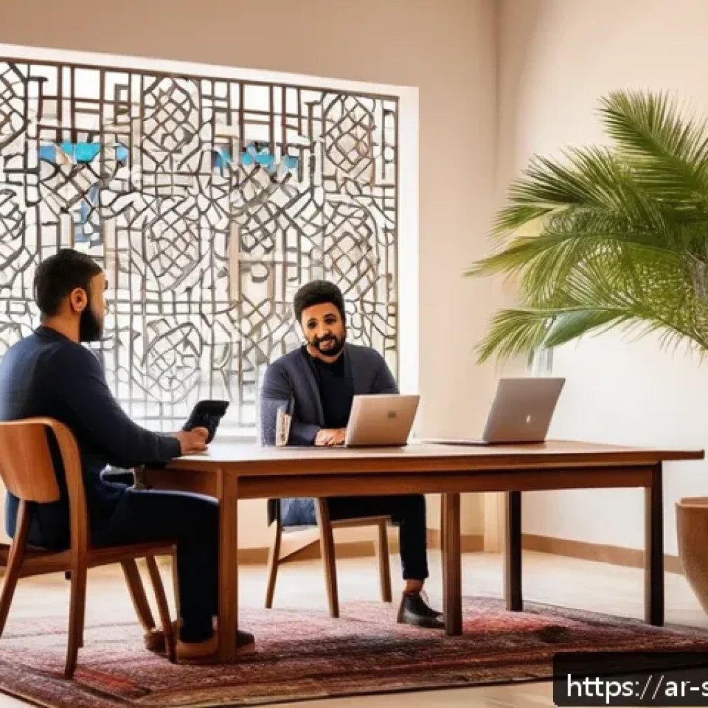 효과적인 디지털 스토리 작성법 - A modern digital storytelling workshop scene set in a cozy Middle Eastern office decorated with trad...