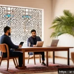 Home 19 효과적인 디지털 스토리 작성법 - A modern digital storytelling workshop scene set in a cozy Middle Eastern office decorated with trad...