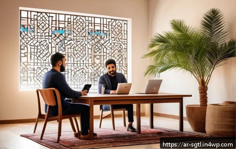 효과적인 디지털 스토리 작성법 - A modern digital storytelling workshop scene set in a cozy Middle Eastern office decorated with trad...