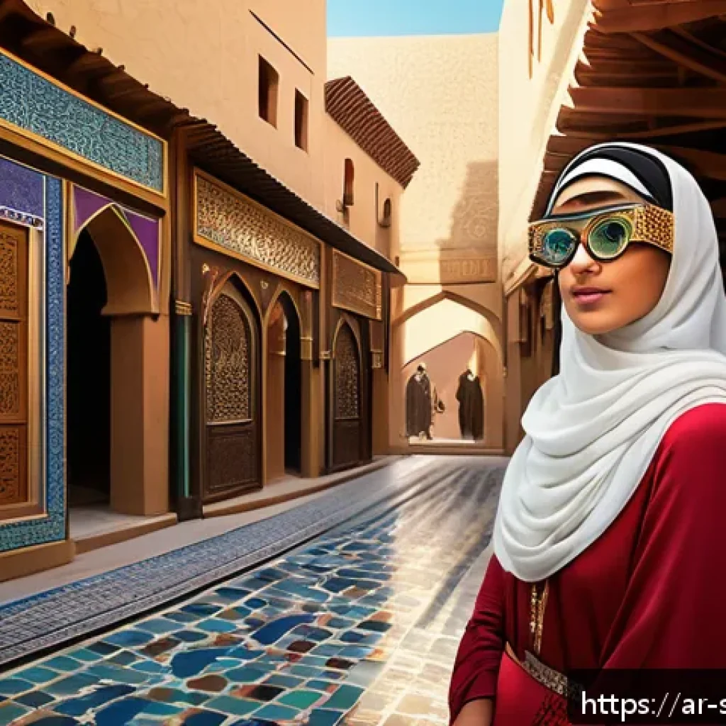 디지털 스토리와 문화적 요소의 관계 - A vibrant digital art scene showing a young Arab woman wearing traditional modest clothing and moder...