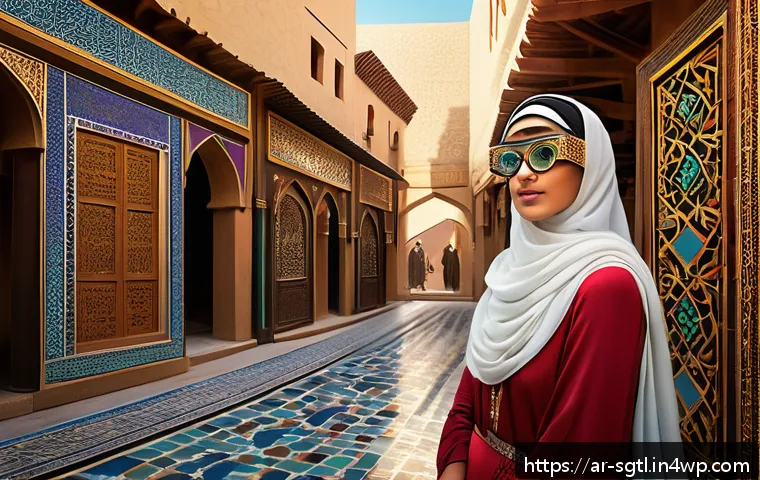 디지털 스토리와 문화적 요소의 관계 - A vibrant digital art scene showing a young Arab woman wearing traditional modest clothing and moder...
