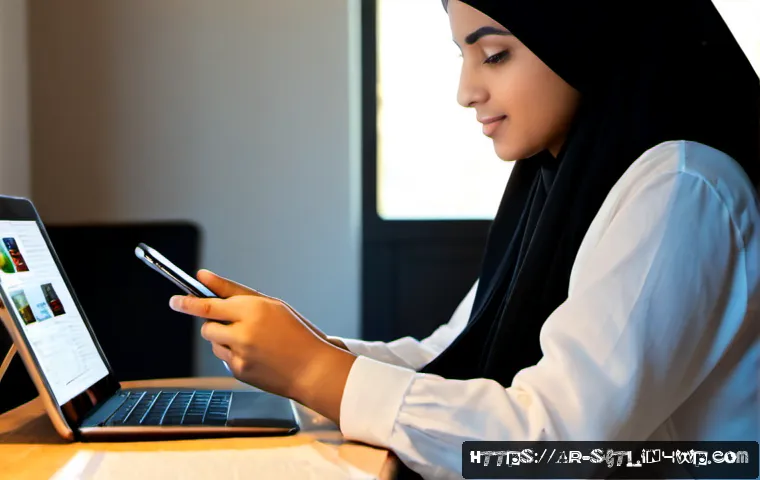 디지털 스토리에서의 서사적 흐름 이해하기 - Photorealistic editorial scene of an Arab woman in modest contemporary clothing seated at a sunlit h...