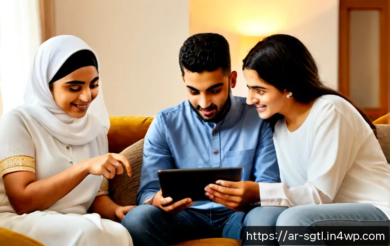 Home 17 디지털 스토리의 소비자 참여 유도기법 - Photorealistic modern Arab family in a warm living room gathered around a large tablet, grandparents...